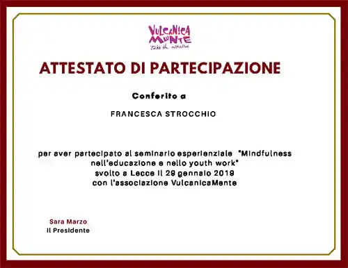 Attestato di partecipazione al seminario di Mindfulness