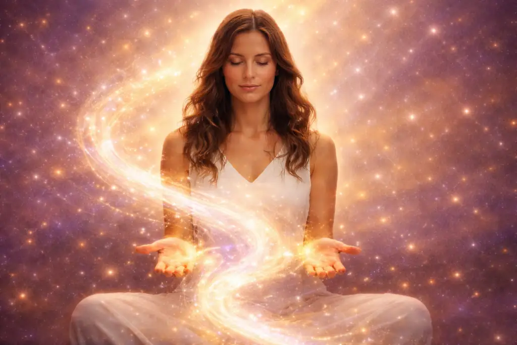 Il Reiki come Via dell’Armonia: donna in posizione Sukhasana, con luce trai i palmi delle mani rivolti verso l'alto