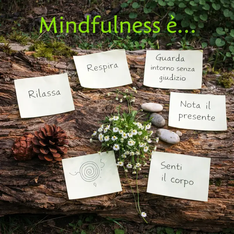 Fogliettini con gli esercizi di mindfulness all'aperto, disposti su corteccia di legno